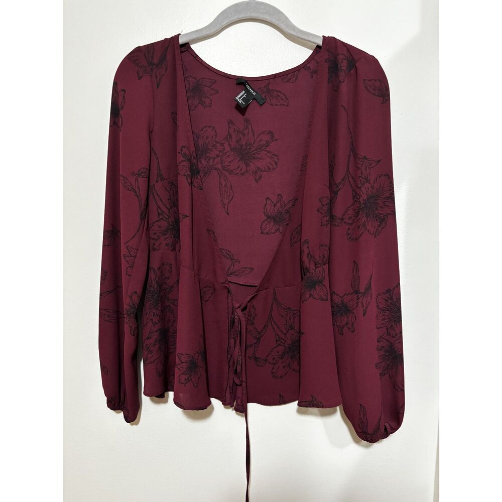 Forever 21 Wine Floral Tie Front Blouse S Fairy Grunge Romantic Witchy Aesthetic - Picture 7 of 10